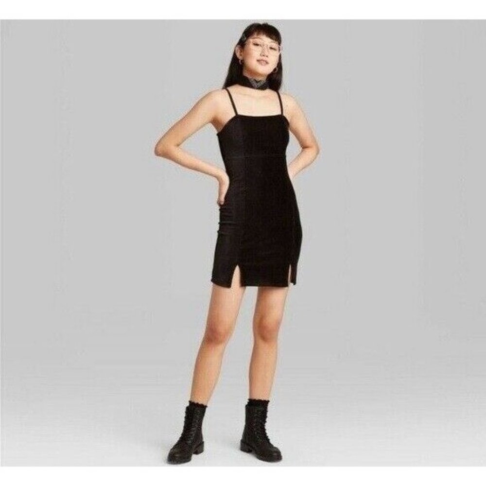 NWT Wild Fable Women's Medium Dress Double Slit Bodycon Knit Ribbed Black
